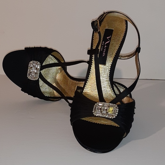 NINA RICCI Black High Heels Jeweled Toe Rhinestone Button  Size 8m - Picture 4 of 11
